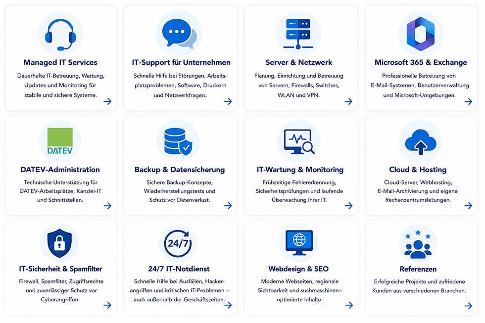 IT-Dienstleistungen für Unternehmen mit Managed IT Services, IT-Support, Server & Netzwerk, Microsoft 365, Backup, Cloud Hosting, IT-Sicherheit und 24/7 Notdienst