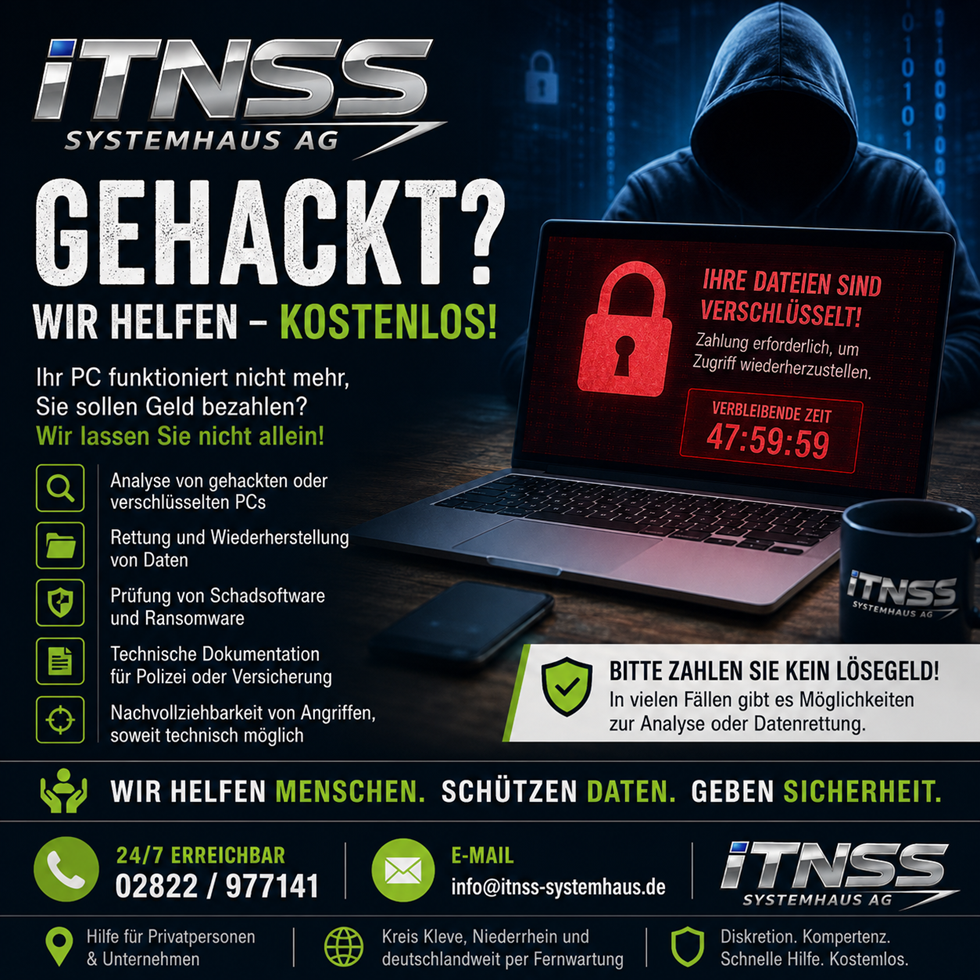 ITNSS Systemhaus AG bietet kostenlose Hilfe bei Hackerangriffen, Ransomware, verschlüsselten Daten und IT-Notfällen im Kreis Kleve, am Niederrhein und deutschlandweit per Fernwartung.