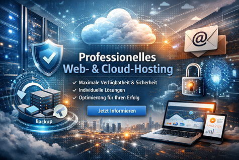 Grafik zu professionellem Web- und Cloud Hosting mit Servern, Cloud-Symbol, Sicherheitsschild, Backup-Icon und Laptop für Managed IT und Hosting-Lösungen.