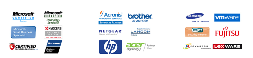 Logos verschiedener Technologiepartner und Hersteller der ITNSS Systemhaus AG, darunter Microsoft, Acronis, Brother, Samsung, VMware, HP, SonicWall, Ruckus, Netgear, Paessler, Fujitsu und weitere IT-Anbieter.