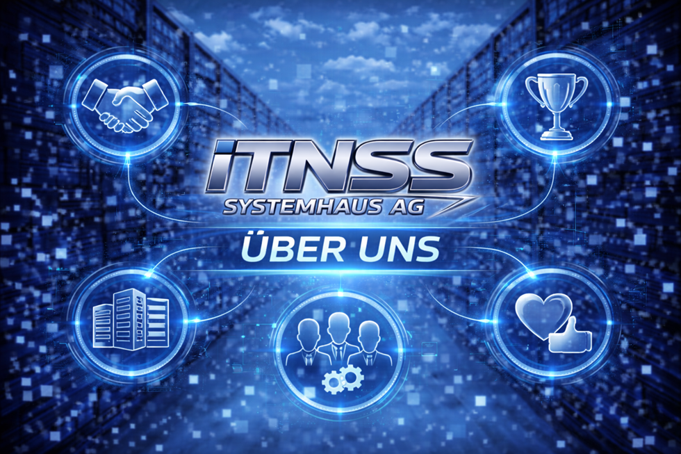 Grafik der ITNSS Systemhaus AG mit „Über uns“ Schriftzug und Symbolen für IT-Support, Cloud, Server, Kundenbetreuung und Sicherheit.